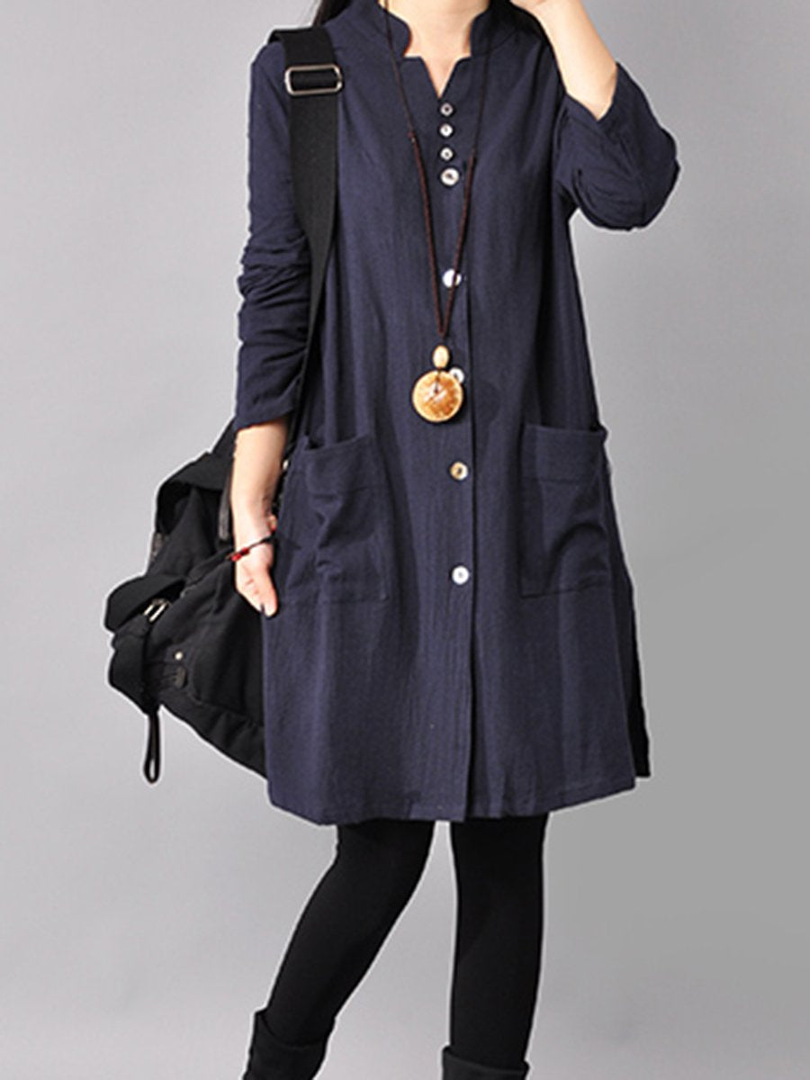 Band Collar  Patch Pocket  Plain Shift Dress