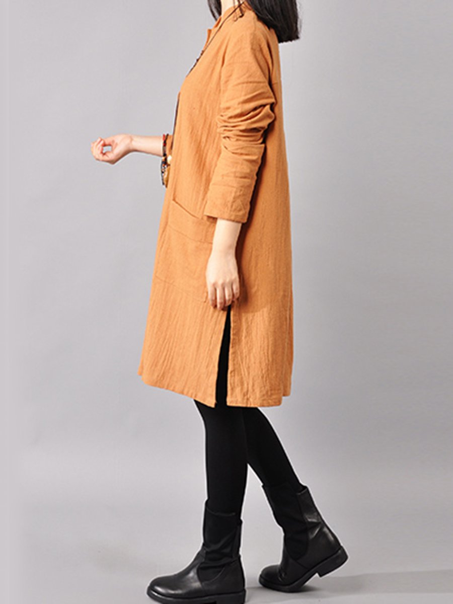 Band Collar  Patch Pocket  Plain Shift Dress