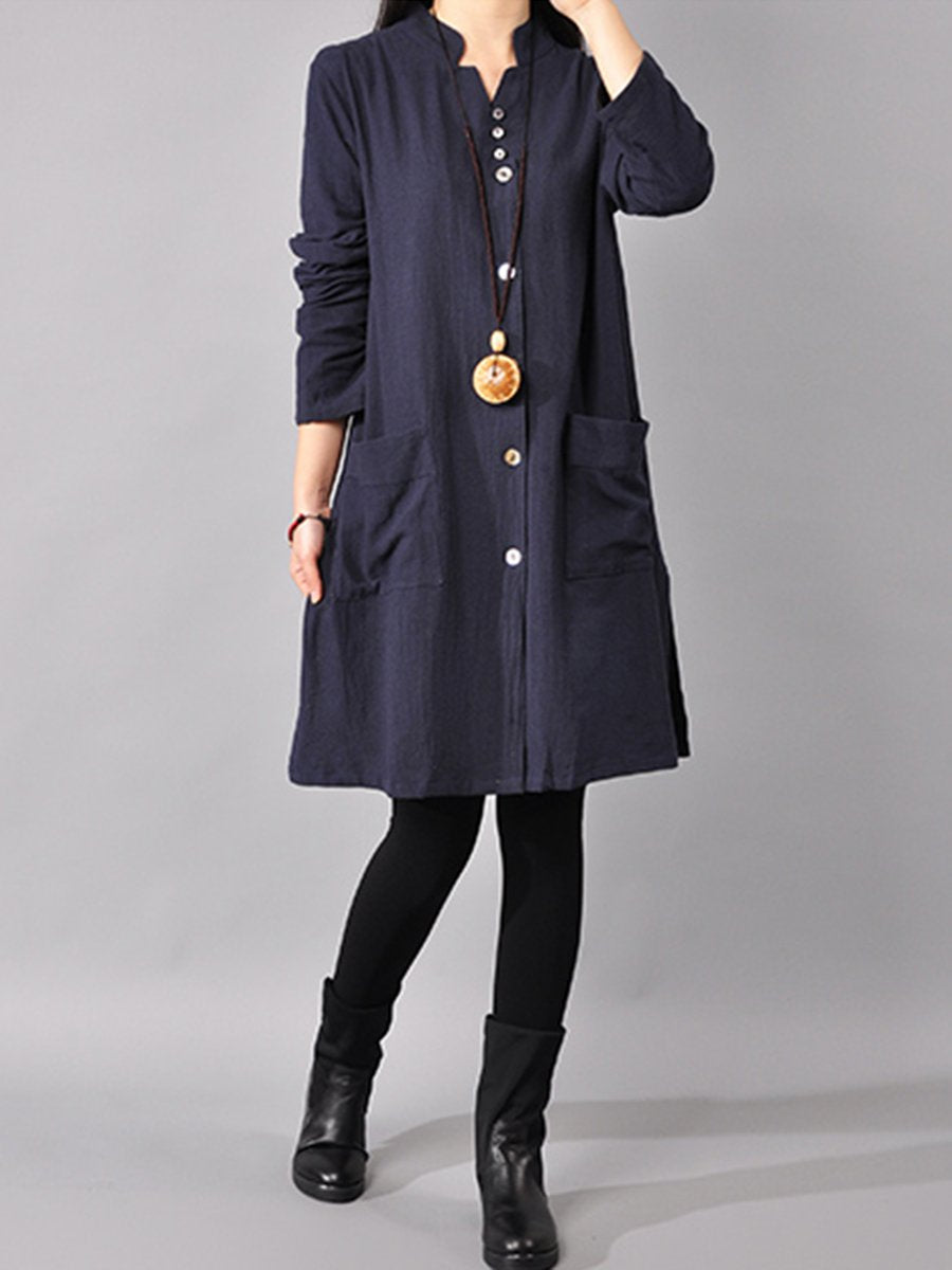 Band Collar  Patch Pocket  Plain Shift Dress