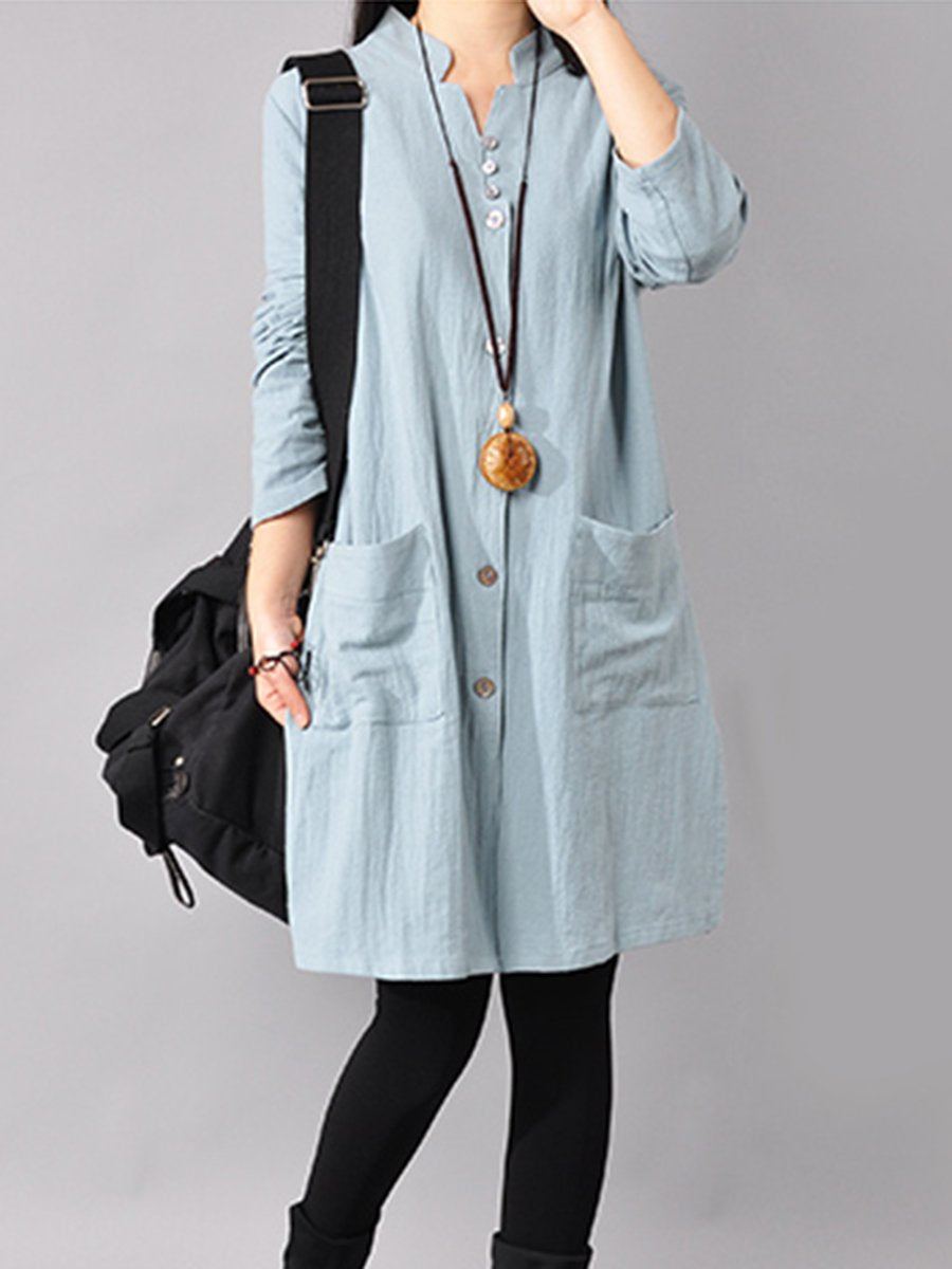 Band Collar  Patch Pocket  Plain Shift Dress