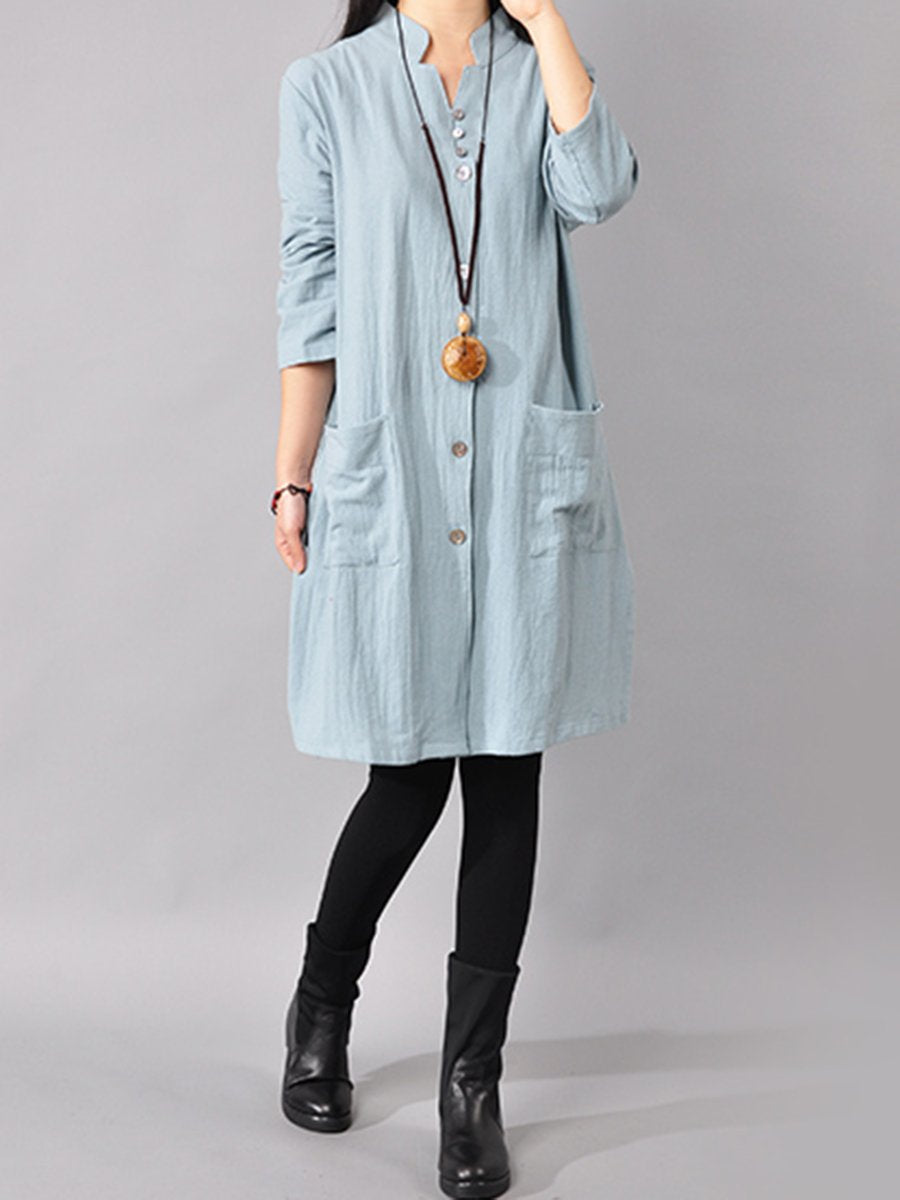 Band Collar  Patch Pocket  Plain Shift Dress