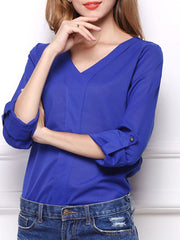 Autumn Spring Summer  Polyester  Women  V-Neck  Plain  Long Sleeve Blouses