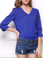 Autumn Spring Summer  Polyester  Women  V-Neck  Plain  Long Sleeve Blouses