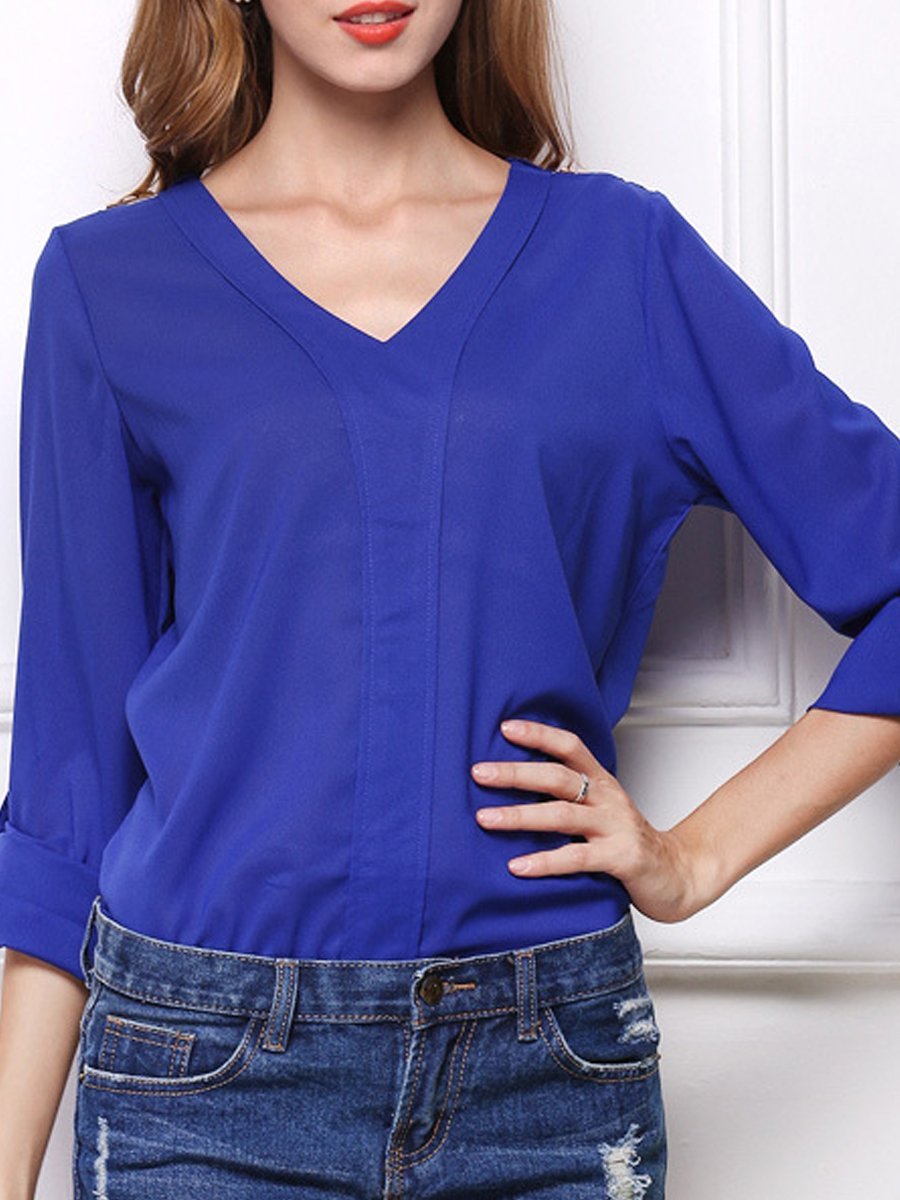 Autumn Spring Summer  Polyester  Women  V-Neck  Plain  Long Sleeve Blouses