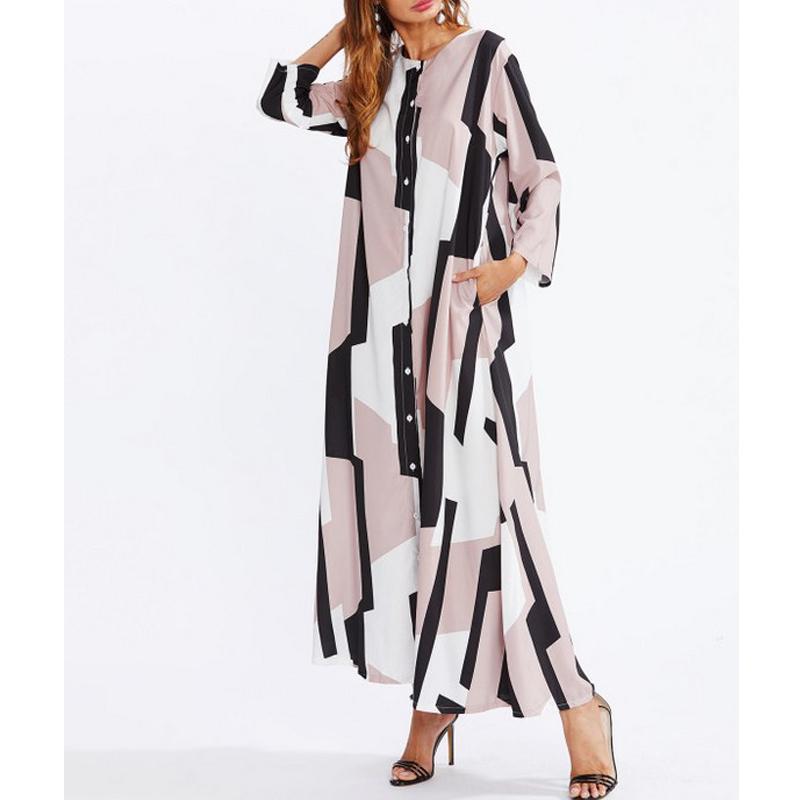 Women Autumn Printed Pacthwork Single-Breasted Shirt Maxi Dress