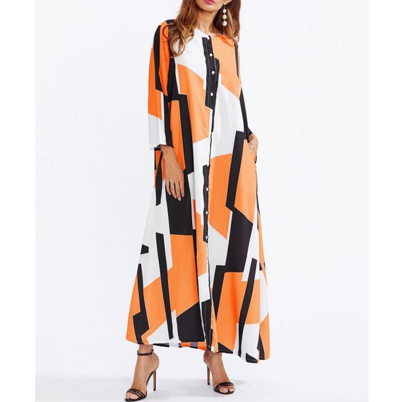 Women Autumn Printed Pacthwork Single-Breasted Shirt Maxi Dress