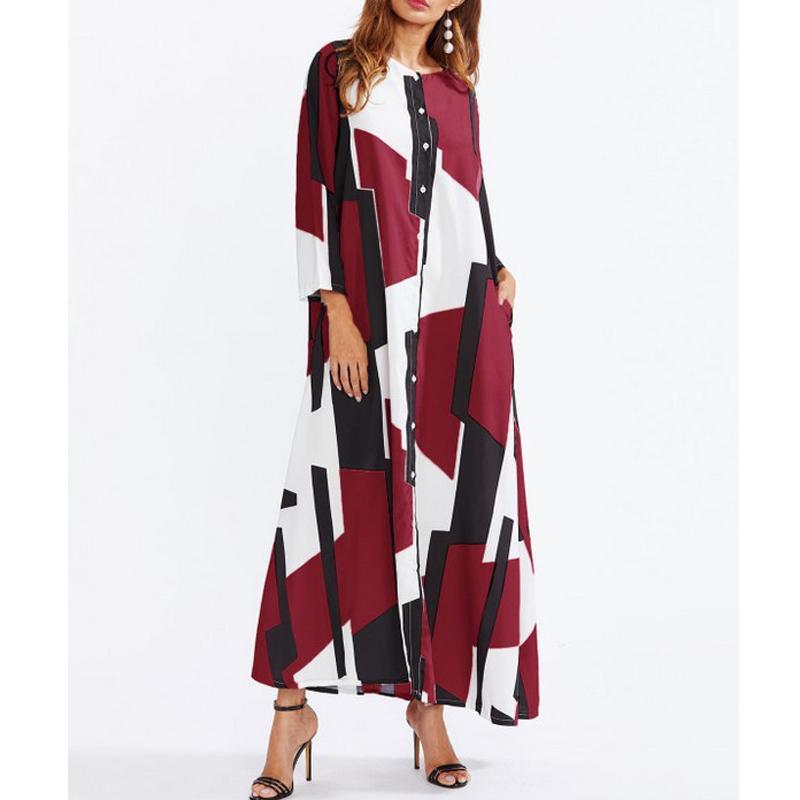 Women Autumn Printed Pacthwork Single-Breasted Shirt Maxi Dress