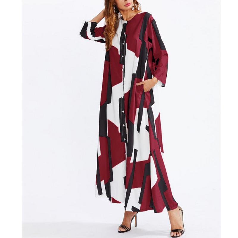 Women Autumn Printed Pacthwork Single-Breasted Shirt Maxi Dress