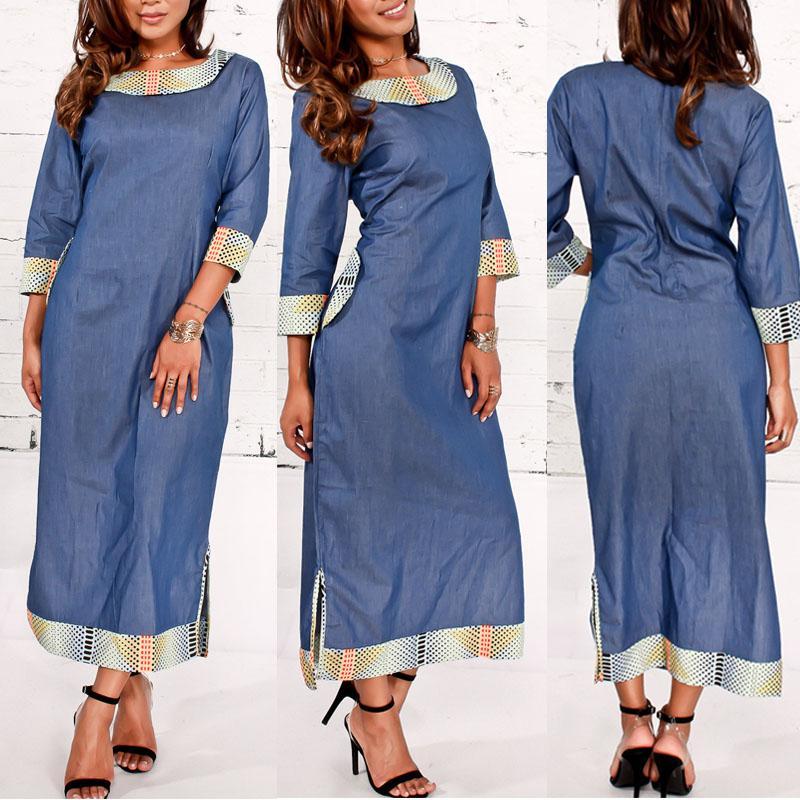 Women Autumn Denim Printed Patchwork Folk-Custom Maxi Dress