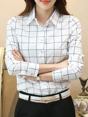 Autumn Spring  Polyester  Women  Single Breasted  Plaid  Long Sleeve Blouses