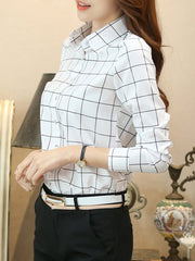 Autumn Spring  Polyester  Women  Single Breasted  Plaid  Long Sleeve Blouses