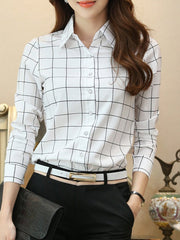 Autumn Spring  Polyester  Women  Single Breasted  Plaid  Long Sleeve Blouses