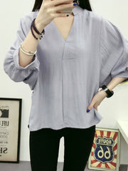 Autumn Spring  Cotton  Women  V-Neck  Plain  Batwing Sleeve  Long Sleeve Blouses