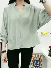 Autumn Spring  Cotton  Women  V-Neck  Plain  Batwing Sleeve  Long Sleeve Blouses