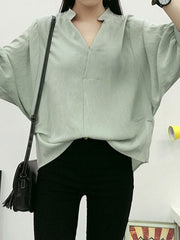 Autumn Spring  Cotton  Women  V-Neck  Plain  Batwing Sleeve  Long Sleeve Blouses