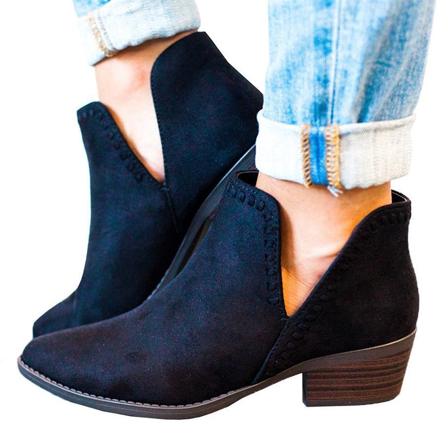 Plain  Low Heeled  Velvet  Point Toe  Outdoor Ankle Boots