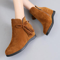 Plain  Invisible  High Heeled  Velvet  Round Toe  Outdoor Ankle Boots