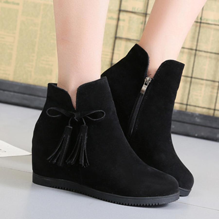 Plain  Invisible  High Heeled  Velvet  Round Toe  Outdoor Ankle Boots