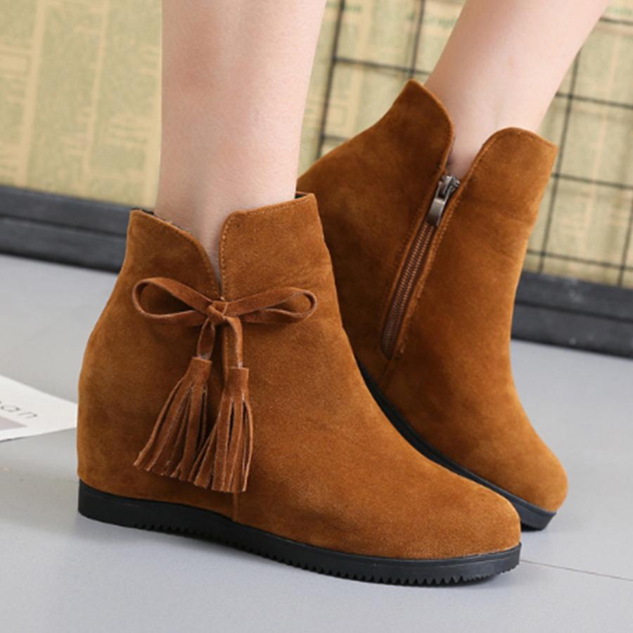 Plain  Invisible  High Heeled  Velvet  Round Toe  Outdoor Ankle Boots