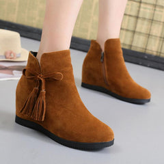 Plain  Invisible  High Heeled  Velvet  Round Toe  Outdoor Ankle Boots