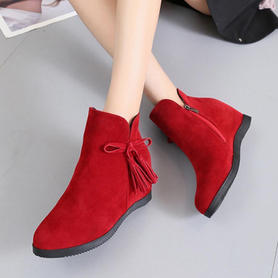 Plain  Invisible  High Heeled  Velvet  Round Toe  Outdoor Ankle Boots