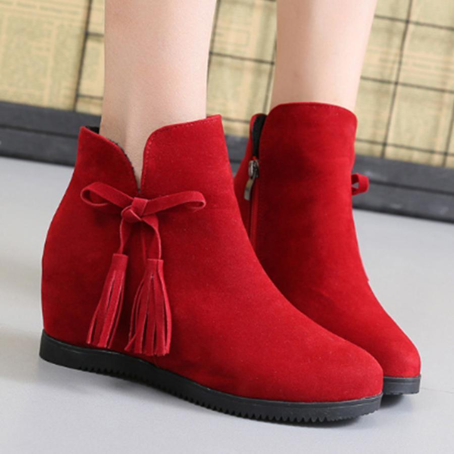 Plain  Invisible  High Heeled  Velvet  Round Toe  Outdoor Ankle Boots