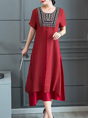 Round Neck  Asymmetric Hem  Embroidery Maxi Dress