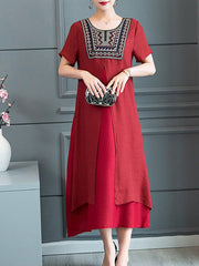 Round Neck  Asymmetric Hem  Embroidery Maxi Dress