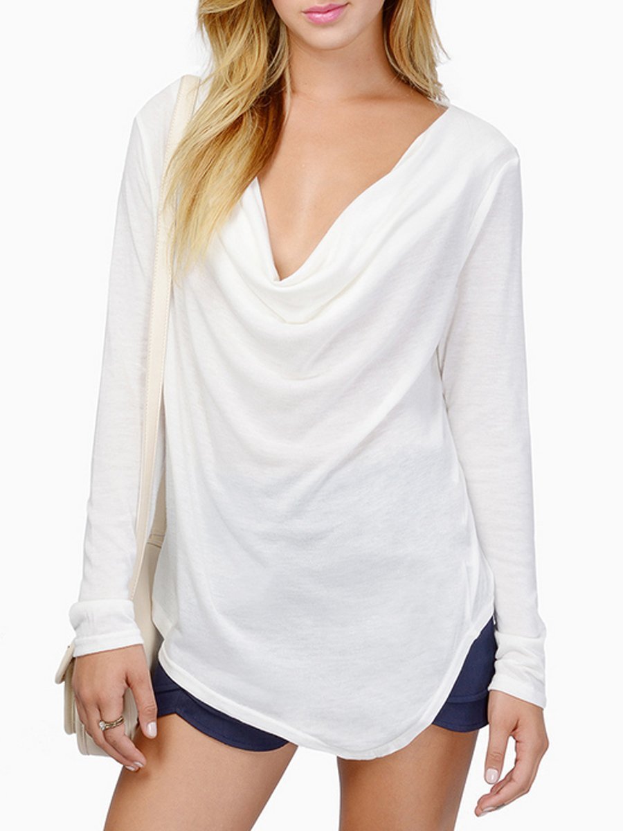 Autumn Spring  Cotton  Women  V-Neck  Plain Long Sleeve T-Shirts