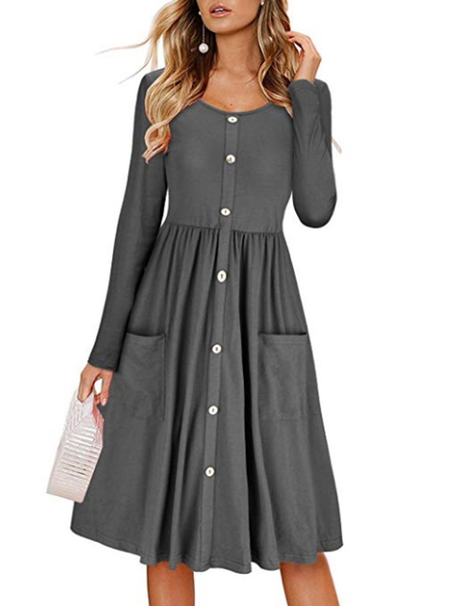 Round Neck  Decorative Buttons Patch Pocket  Plain Skater Dress