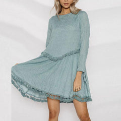 Round Neck Long Sleeve Tassel Casual Dress
