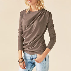 Round Neck Asymmetrical Pleated Long Sleeve T-Shirts