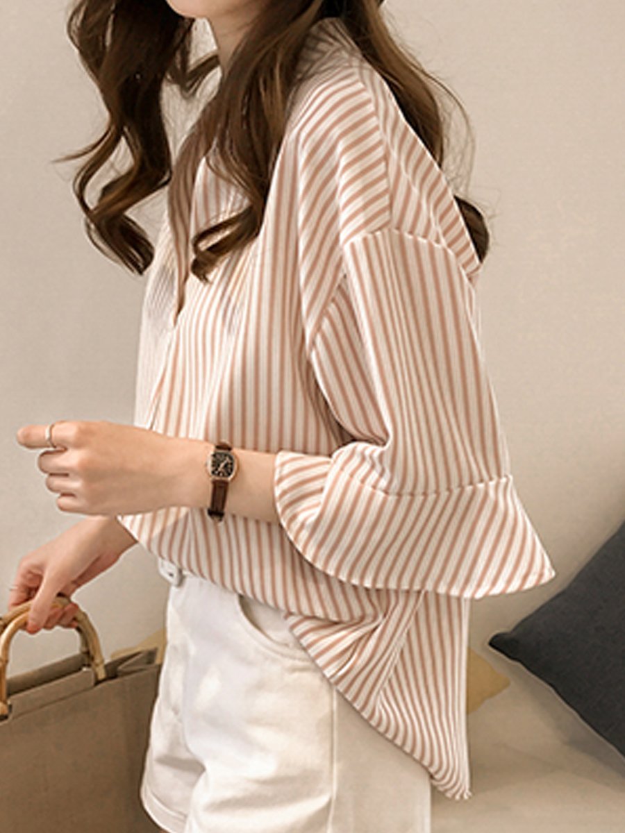 Spring Summer  Cotton  Women  V-Neck  Striped  Bell Sleeve  Half Sleeve Blouses