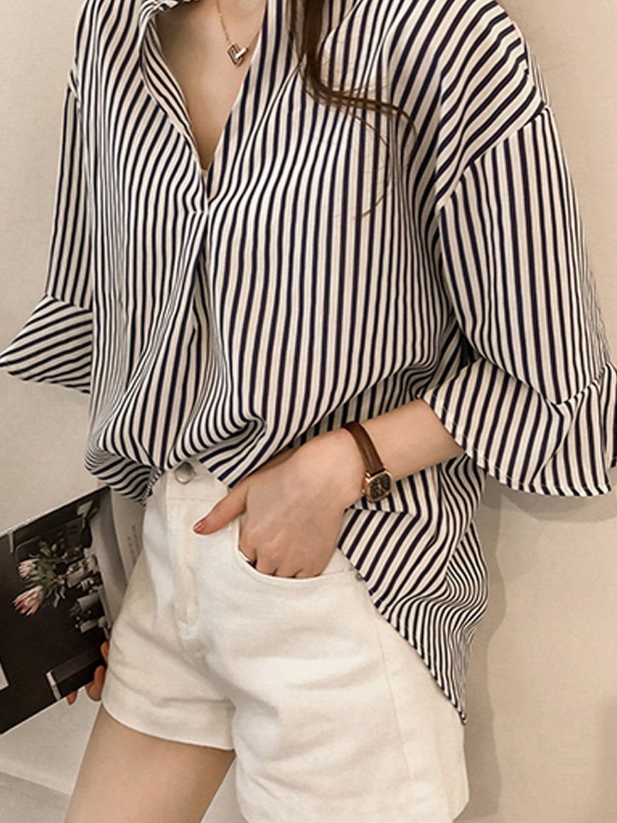 Spring Summer  Cotton  Women  V-Neck  Striped  Bell Sleeve  Half Sleeve Blouses