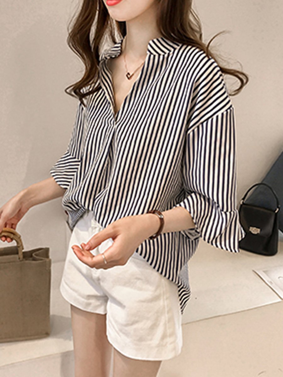 Spring Summer  Cotton  Women  V-Neck  Striped  Bell Sleeve  Half Sleeve Blouses