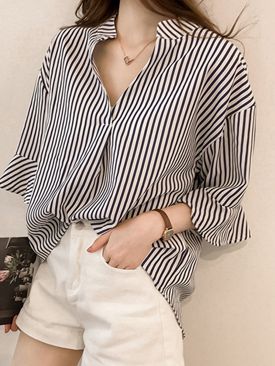 Spring Summer  Cotton  Women  V-Neck  Striped  Bell Sleeve  Half Sleeve Blouses