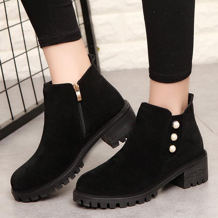 Plain  Chunky  Low Heeled  Velvet  Round Toe  Date Ankle Boots