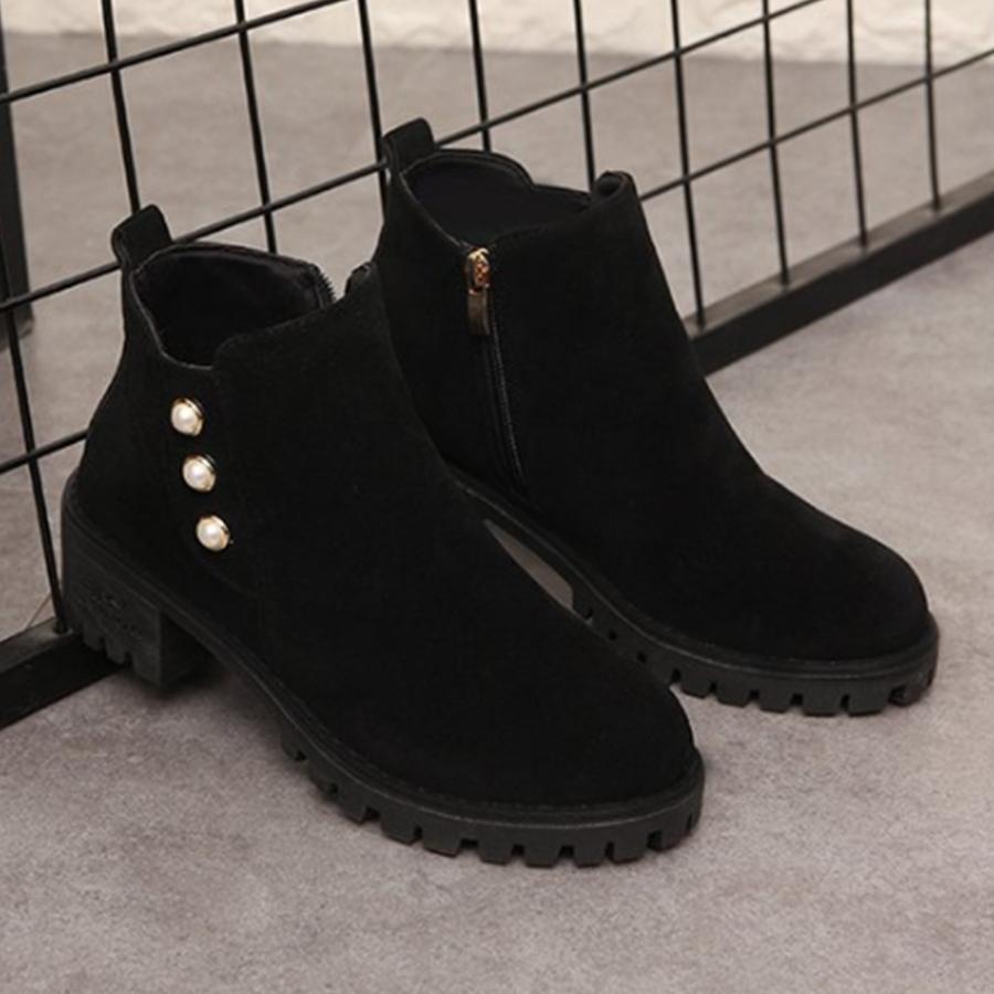 Plain  Chunky  Low Heeled  Velvet  Round Toe  Date Ankle Boots