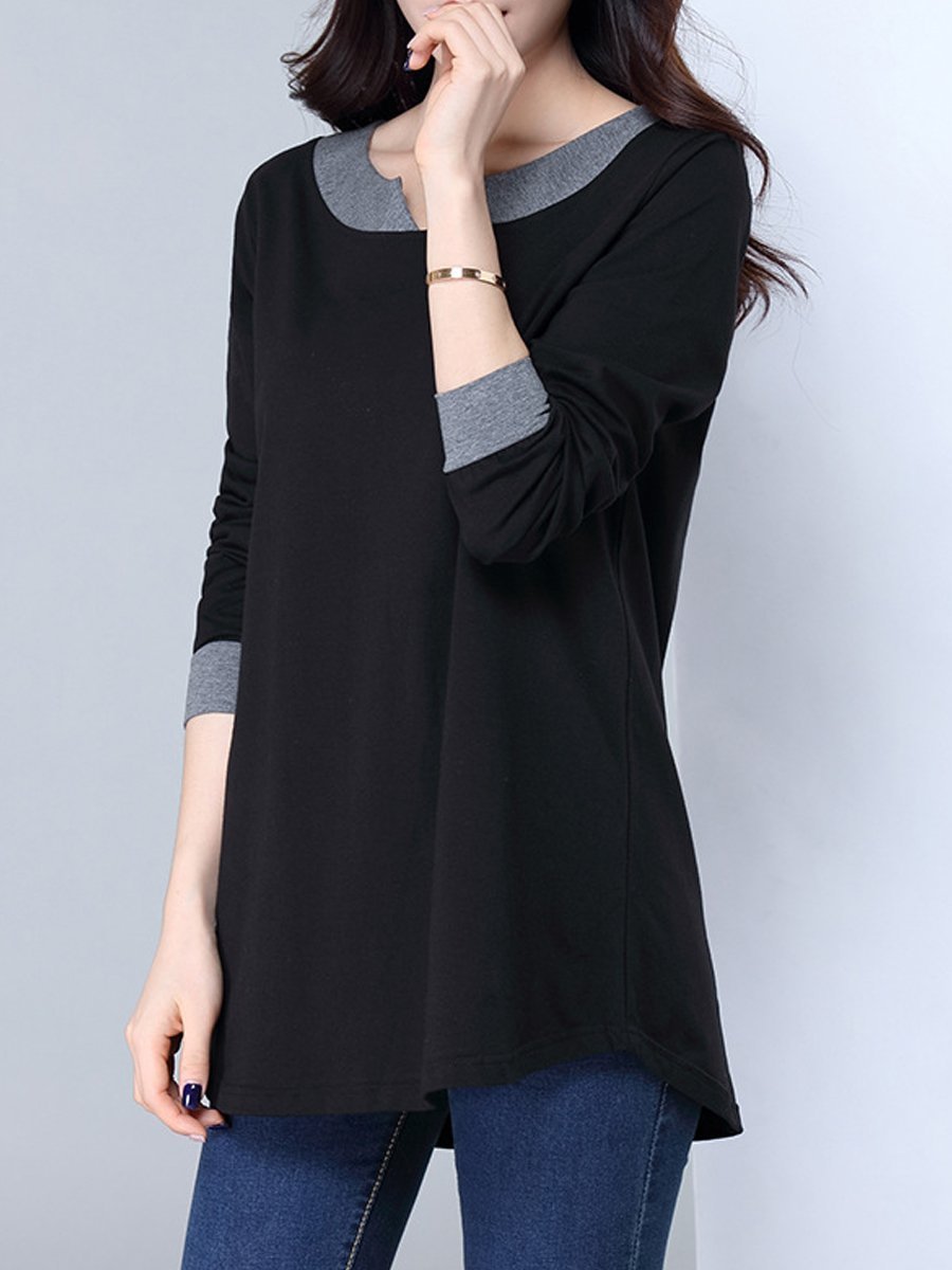 Autumn Spring  Cotton  Women  Round Neck  Patchwork  Plain Long Sleeve T-Shirts