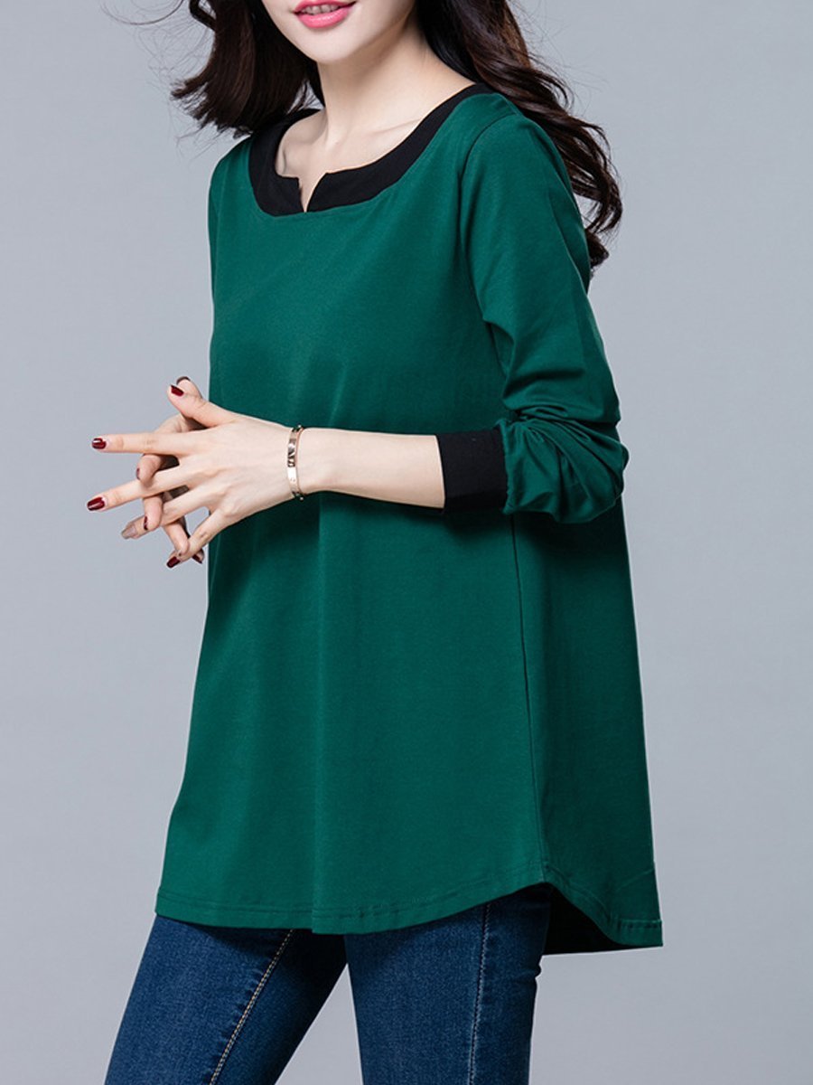 Autumn Spring  Cotton  Women  Round Neck  Patchwork  Plain Long Sleeve T-Shirts