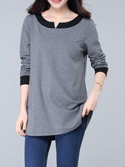 Autumn Spring  Cotton  Women  Round Neck  Patchwork  Plain Long Sleeve T-Shirts