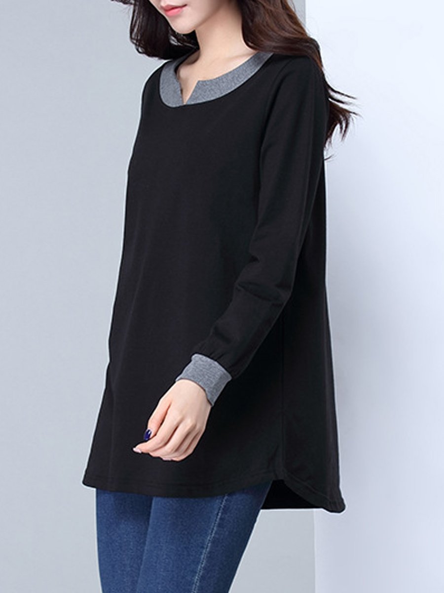 Autumn Spring  Cotton  Women  Round Neck  Patchwork  Plain Long Sleeve T-Shirts