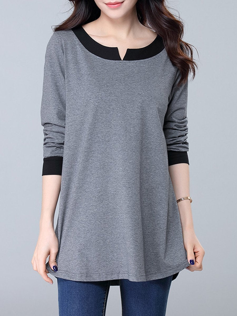 Autumn Spring  Cotton  Women  Round Neck  Patchwork  Plain Long Sleeve T-Shirts