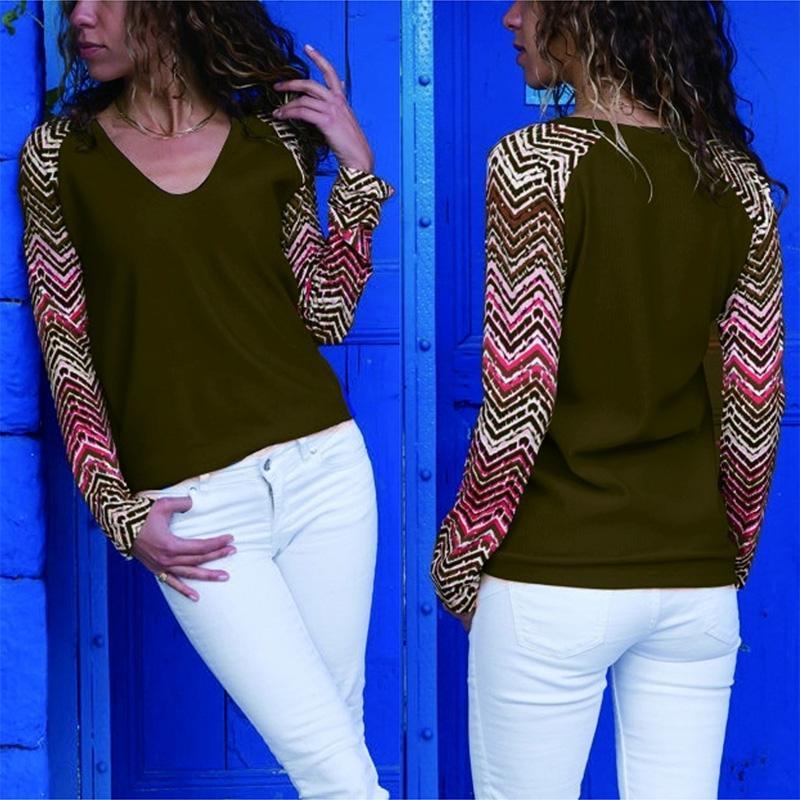 V Neck Long Sleeve Fashion Patchwork Printed T-Shirts