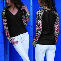 V Neck Long Sleeve Fashion Patchwork Printed T-Shirts