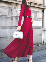 Round Neck  Patch Pocket  Plain Maxi Dress