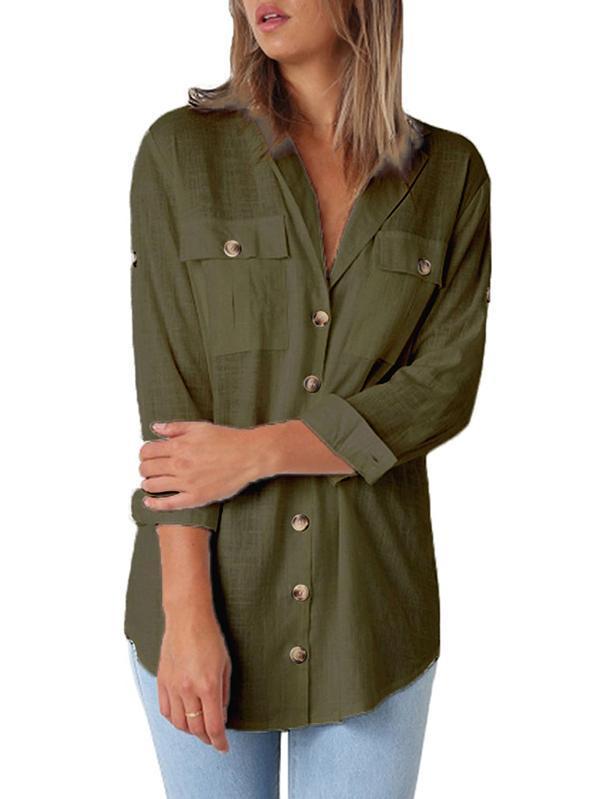 Solid Color Button Loose Long Sleeve Pocket Blouses