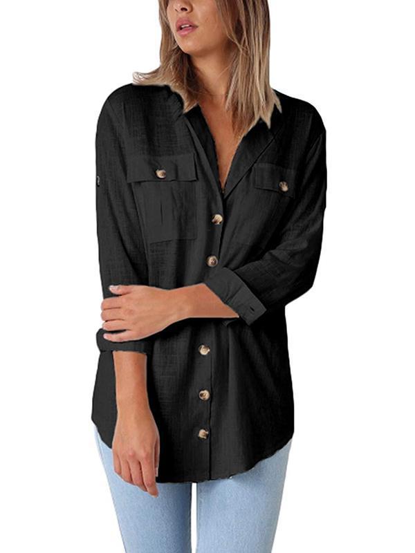 Solid Color Button Loose Long Sleeve Pocket Blouses