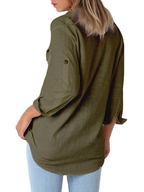 Solid Color Button Loose Long Sleeve Pocket Blouses