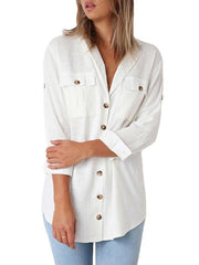 Solid Color Button Loose Long Sleeve Pocket Blouses